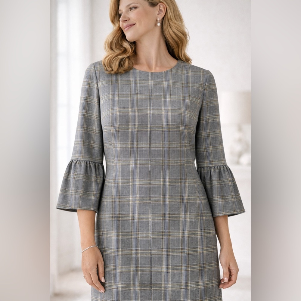 WHBM Sheath Dress 2 Gray Glen Check Plaid Bell Sleeve Career Office Corporate